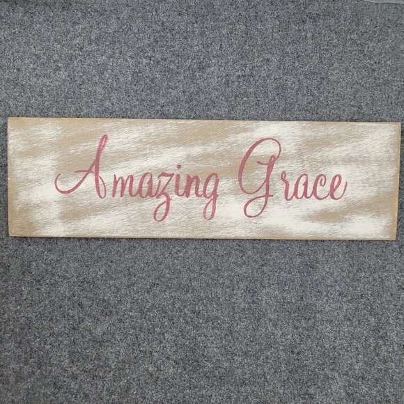 Amazing Grace Sign Wooden with Red Berry Script Lettering 18x5" Christian Plaque - Picture 2 of 7